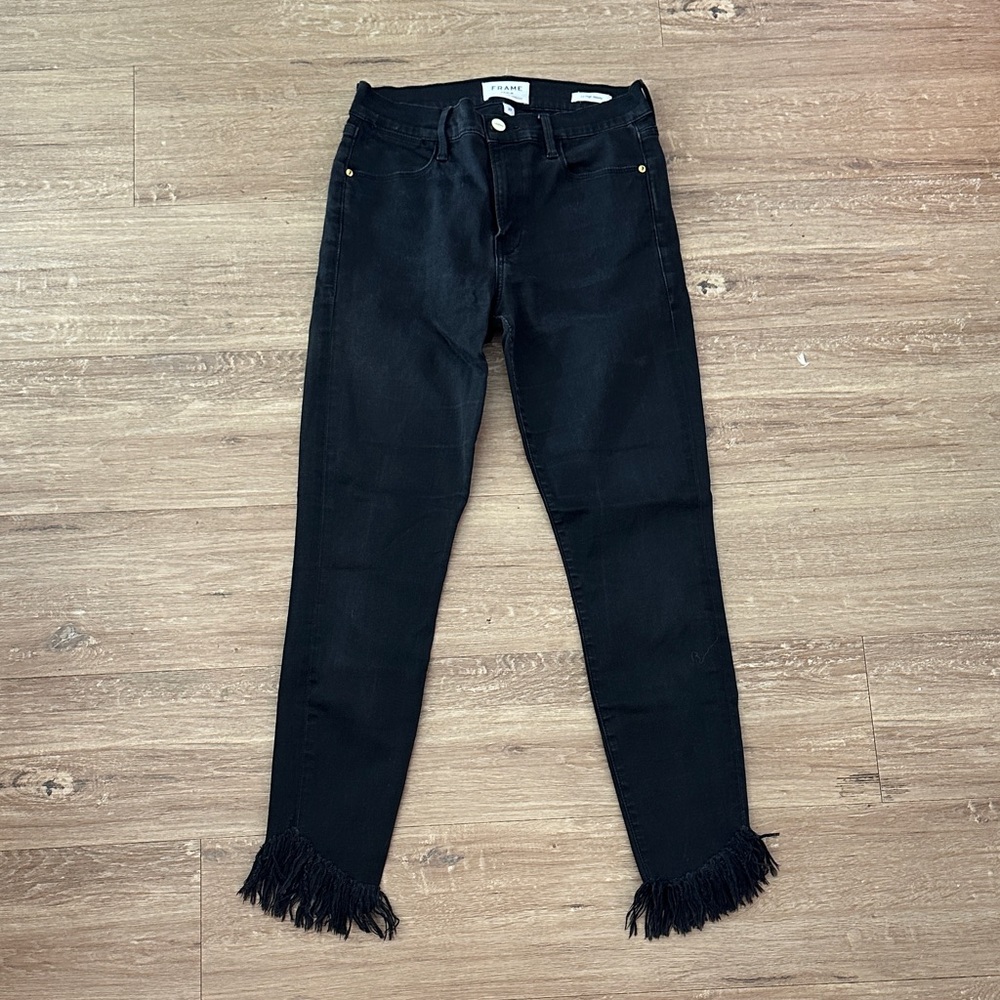 Frame Denim Black Fringe Hem Cropped Jeans